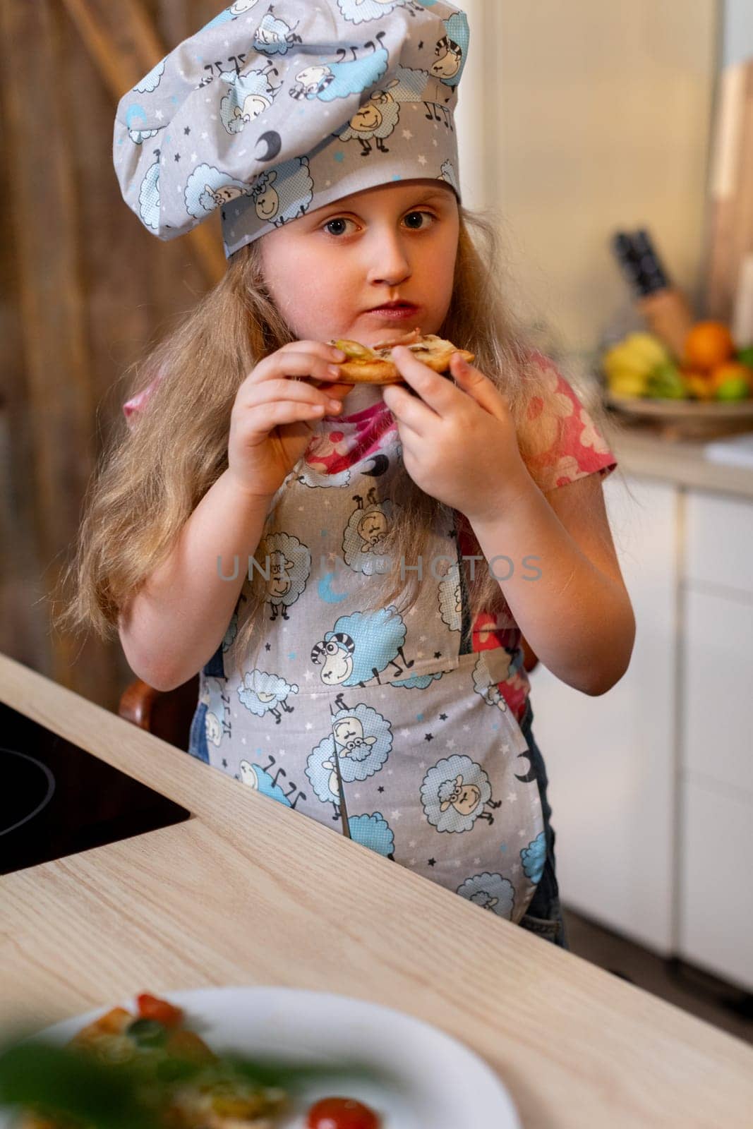 In a vibrant kitchen, a young chef delights in tasting her culinary creation, celebrating creativity in cooking