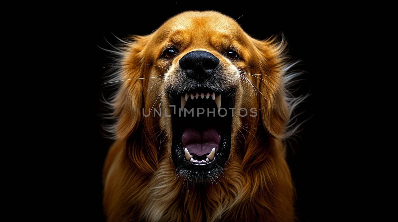 A golden retriever is barking loudly with its mouth open, revealing its teeth sharply against a black background, conveying a sense of intensity - Generative AI