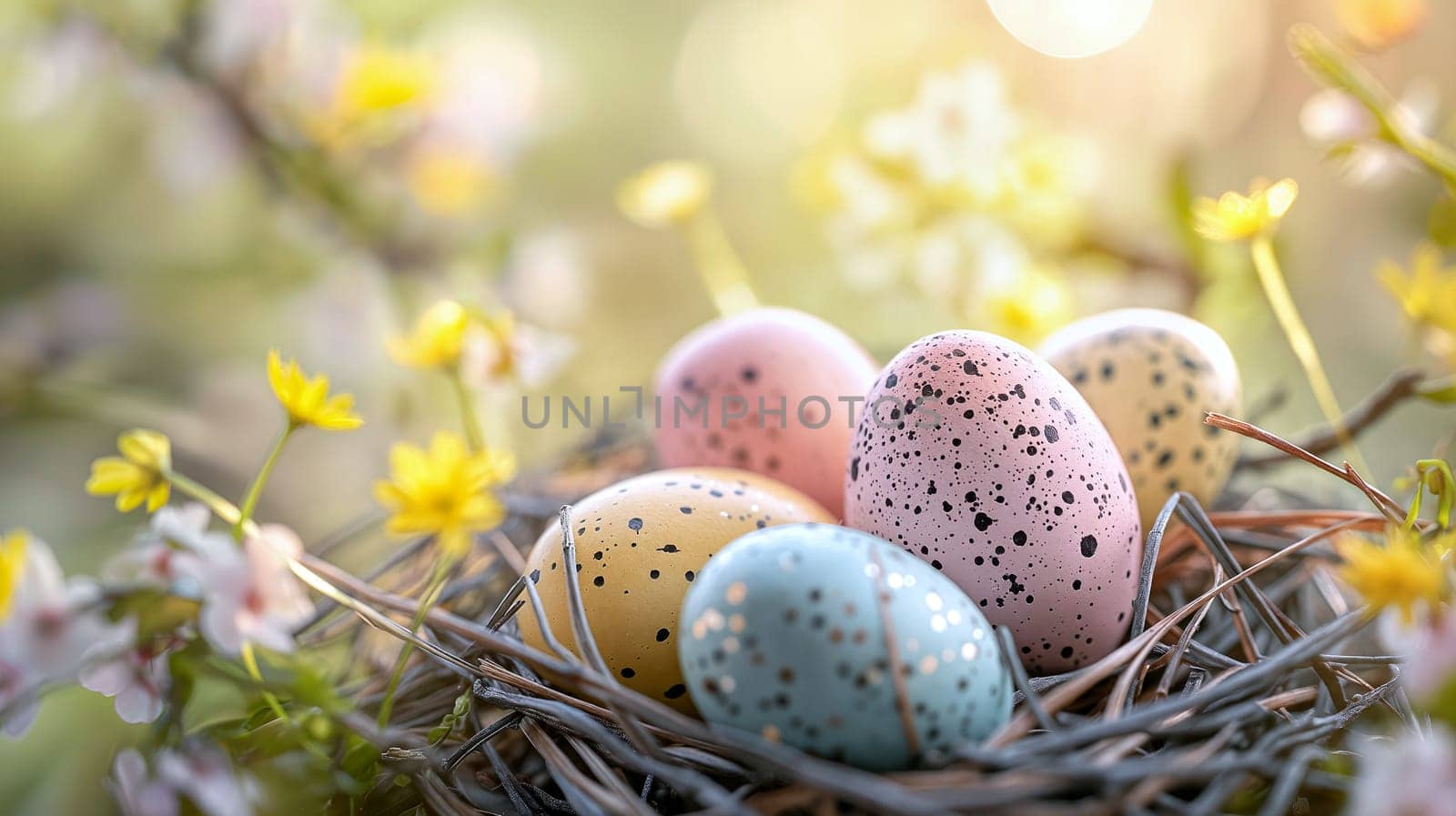 A collection of pastel-colored speckled eggs sits in a woven nest, surrounded by delicate yellow flowers and greenery, capturing the essence of springtime - Generative AI