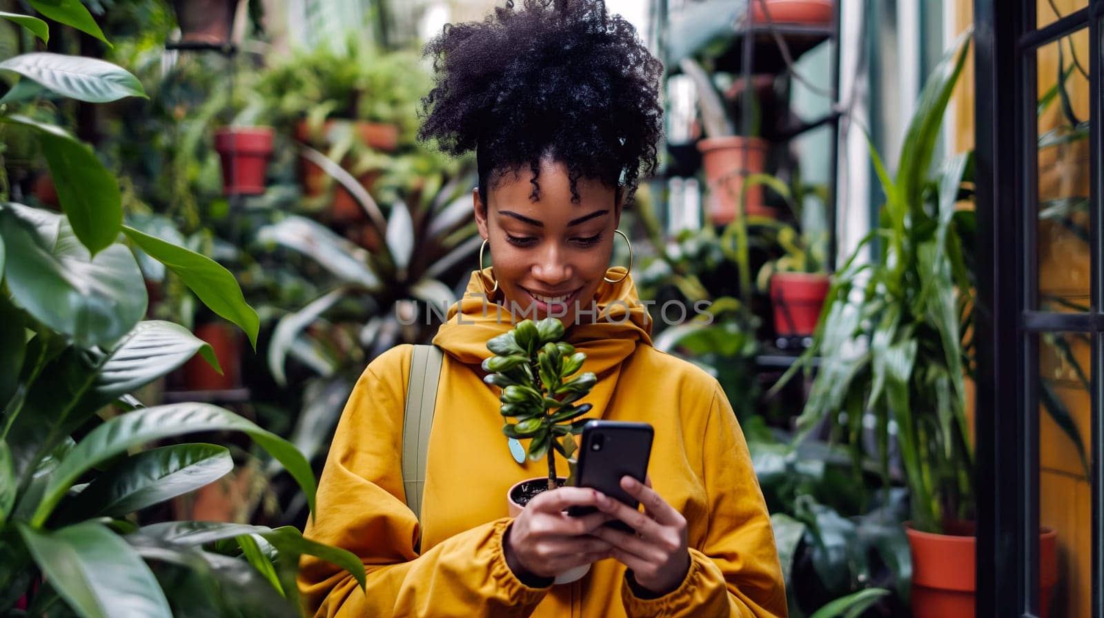 Amid lush greenery and vibrant potted plants, a young woman smiles as she looks at her phone, cradling a small succulent in her other hand, surrounded by nature's beauty - Generative AI