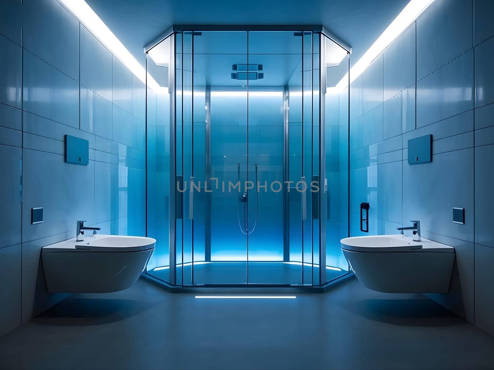 Sci-fi Bathroom featuring vibrant neon lighting combined with a sleek modern design, including amenities such as a shower cabin, bathtub, and illuminated mirror.