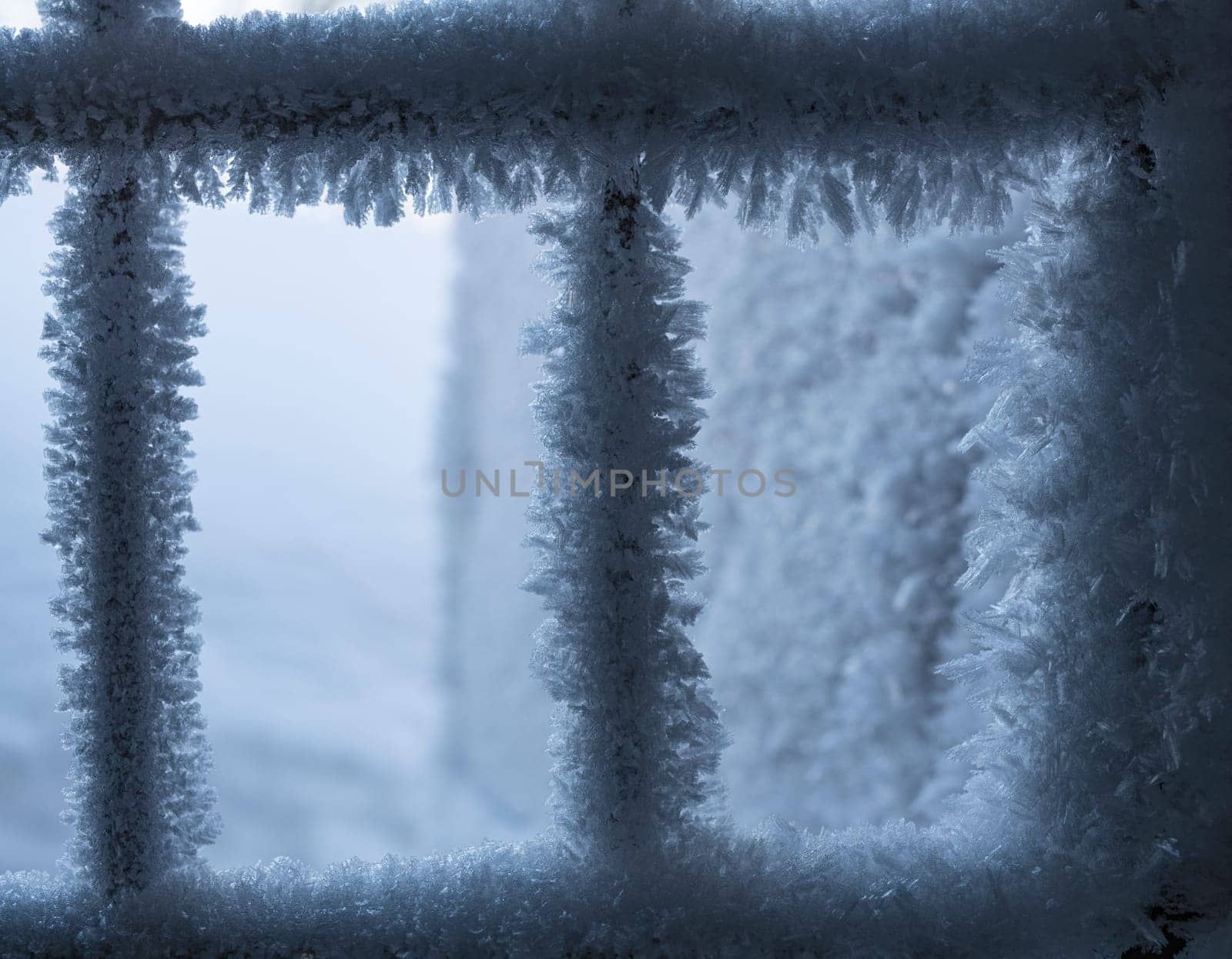Closeup of window bars covered with white snow and hoarfrost in cold winter day