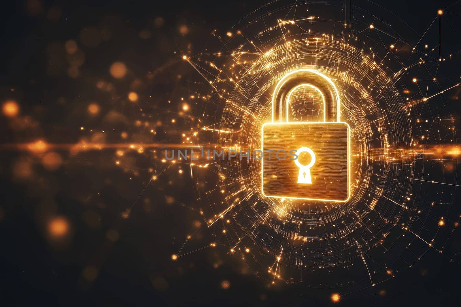A golden lock with a keyhole is displayed in a blurry, glowing background. Concept of security and protection, as the lock is a symbol of safety and the keyhole represents access