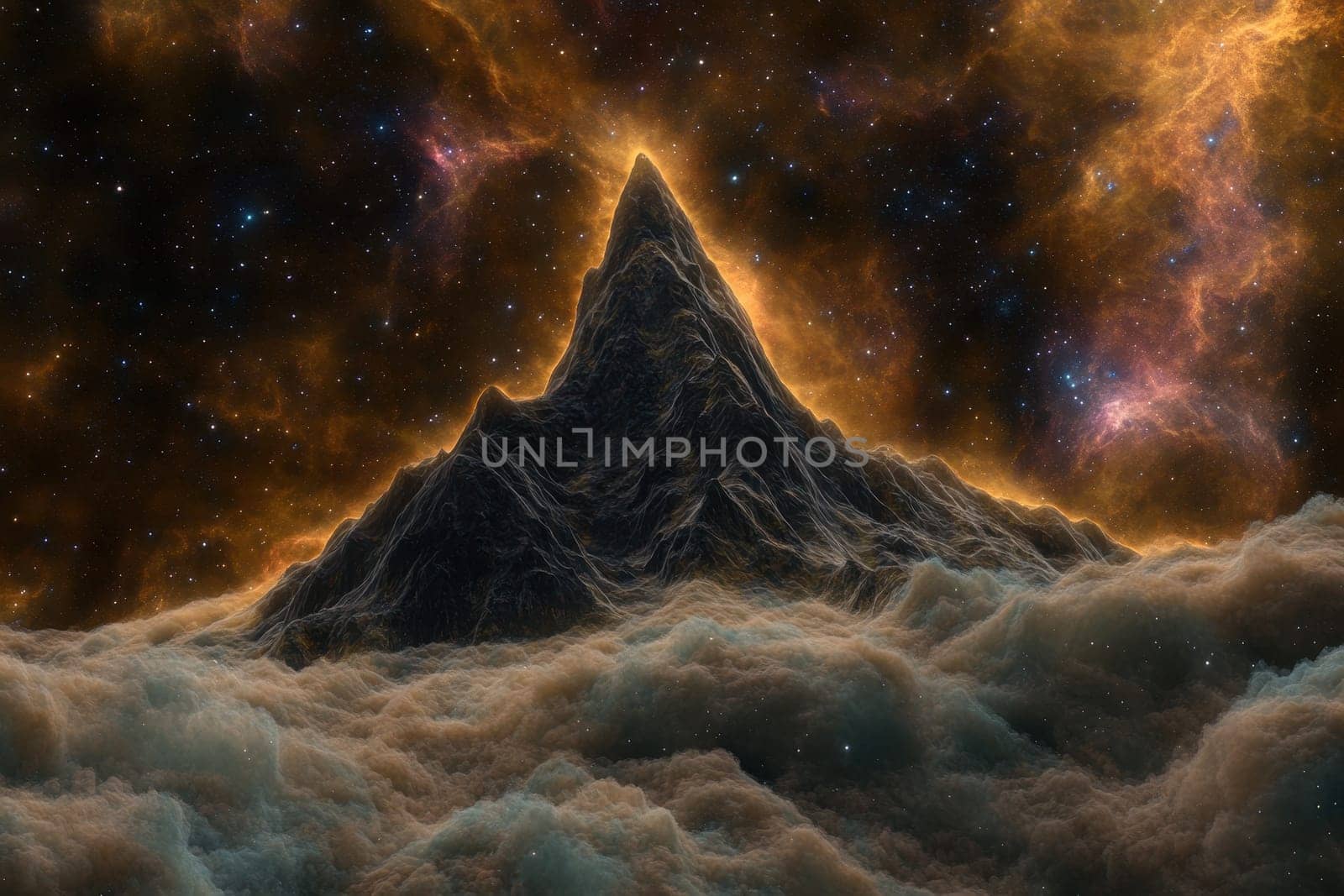 A stunning crystal mountain towering majestically above soft, dreamlike clouds, set against a vibrant celestial backdrop filled with stars and galactic colors.