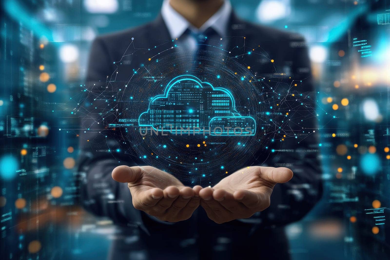 A businessperson stands confidently in a modern office, holding a holographic cloud projection that symbolizes data management and digital innovation.