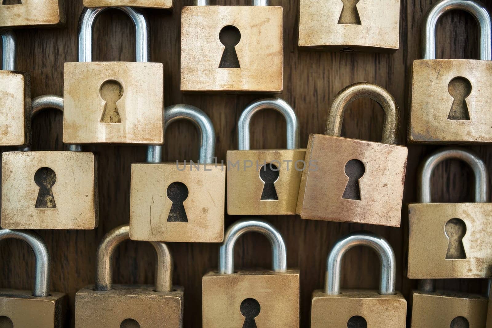A row of gold and silver locks with holes in them. The locks are arranged in a pattern, with some overlapping and others not. Scene is one of security and protection