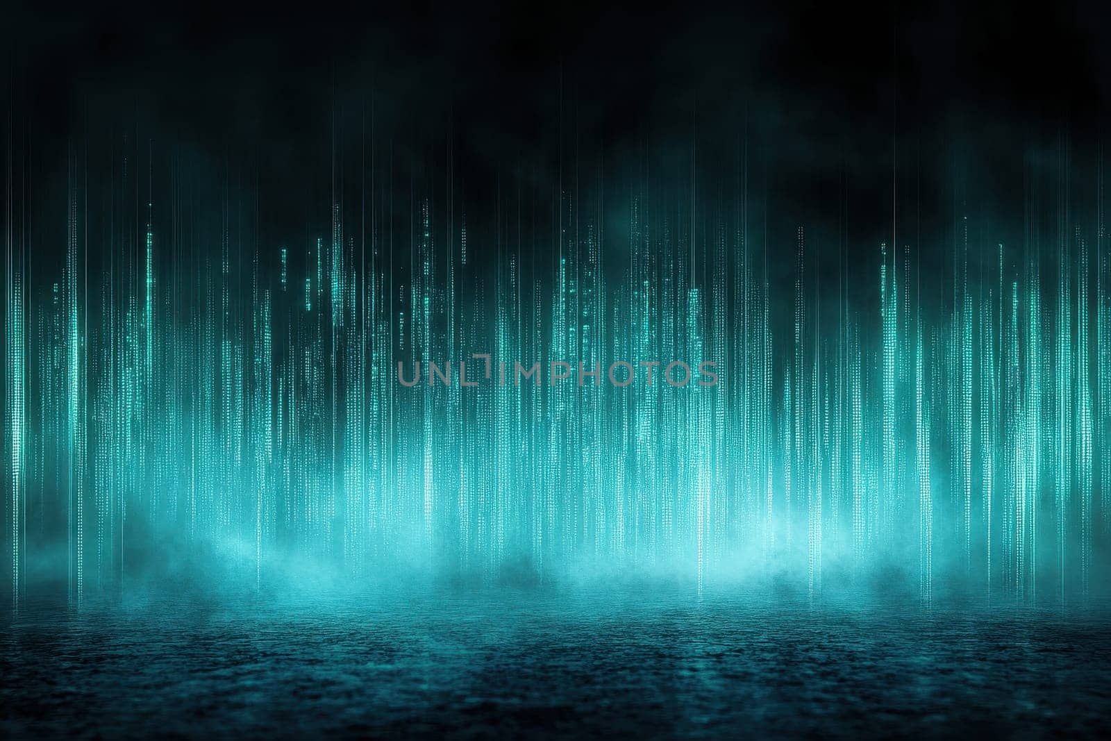 This image features faint glowing teal lines emerging from a black obsidian background, creating an ethereal and tranquil atmosphere ideal for modern design projects.