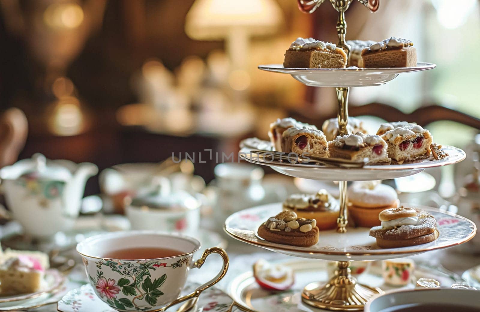 Elegant table setting for tea party with cakes and cupcakes in English manor. Selective focus. Vintage style