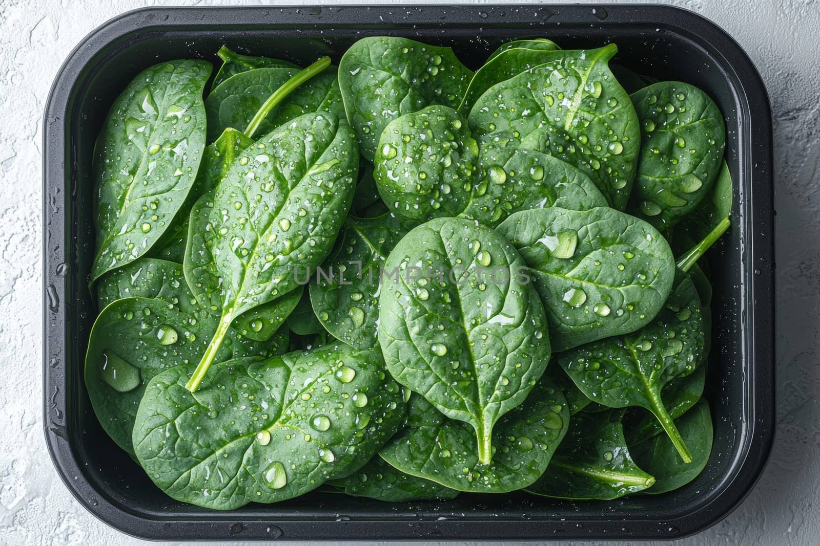 Bright green spinach leaves glisten with water droplets, arranged in a black container on a light gray background.