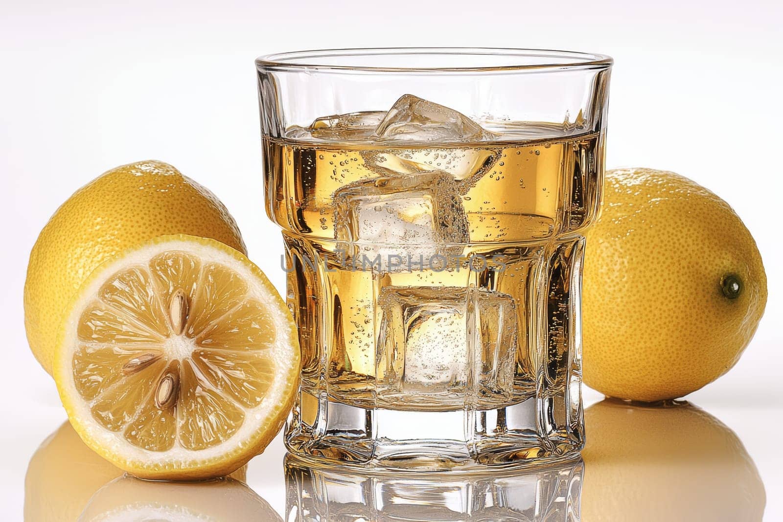A glass filled with a chilled yellow drink and ice cubes sits beside fresh lemons, providing a vibrant and refreshing look.