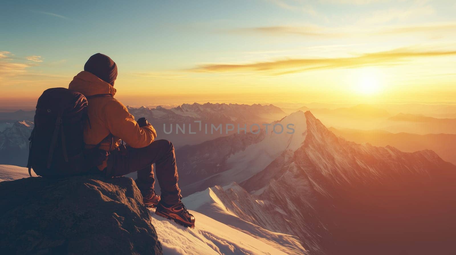 Travel, hiking, adventure, back view of inspired traveler hiker man sitting on top of winter mountain at sunset looking at scenic snowy sunny range, relaxing landscape, first rays of the sun