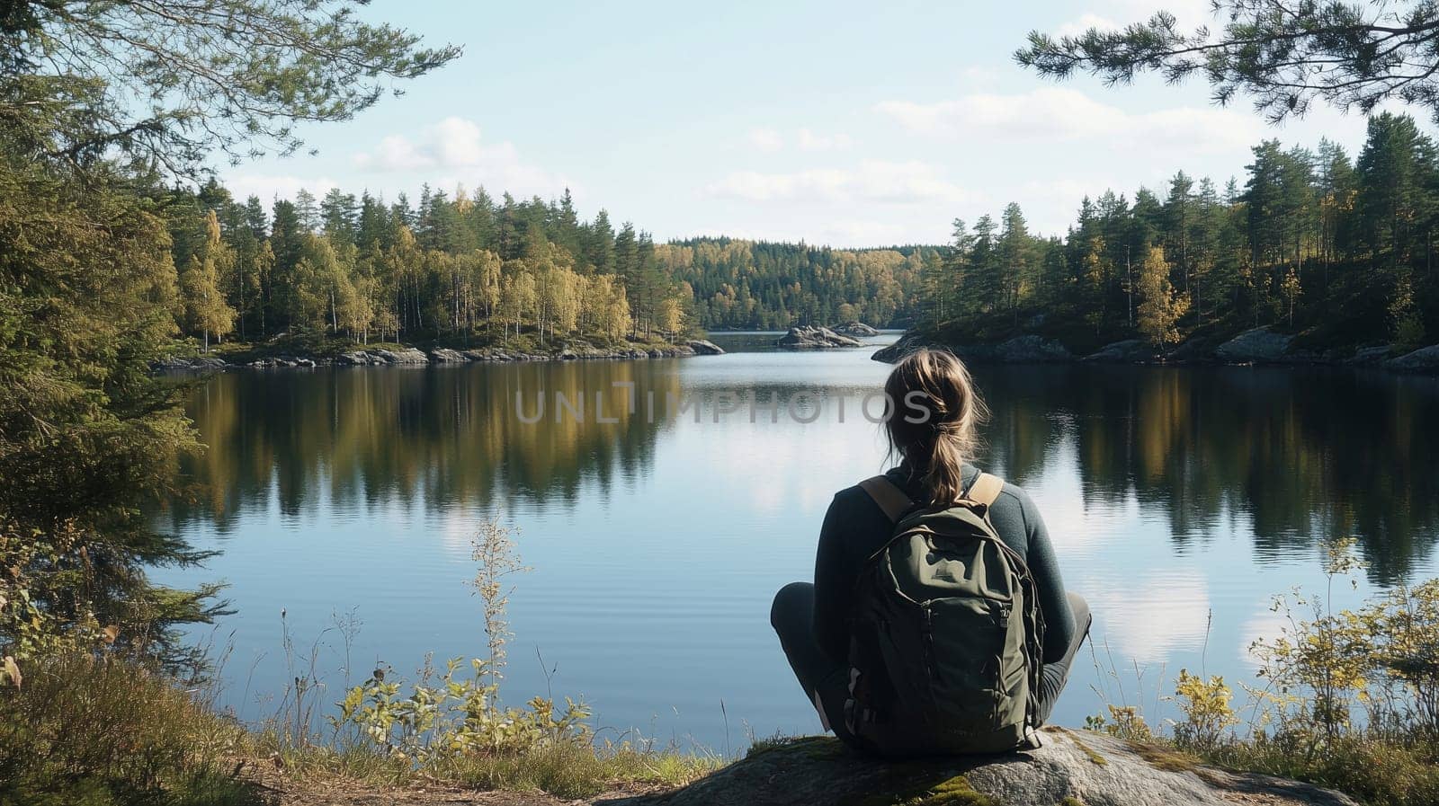 Travel, hiking, adventure, back view of inspired traveler hiker woman sitting by forest lake surrounded by trees looking at relaxing beauty landscape, Scandinavian nature