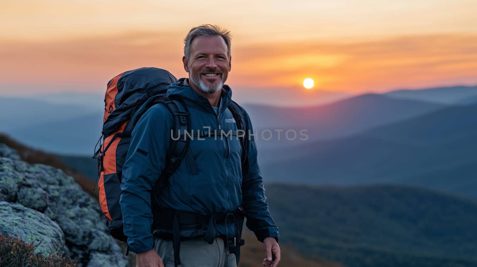 Travel, hiking, adventure, portrait of traveler hiker mature man in jacket with backpack stands on top of mountain at sunset enjoying landscape looking at camera