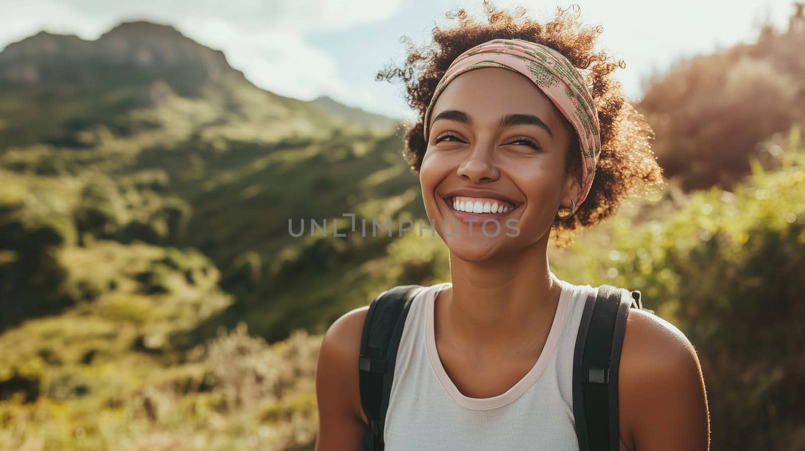Travel, hiking, adventure, portrait of happy traveler young African woman, black girl hiker smiling with backpack stands in the mountains