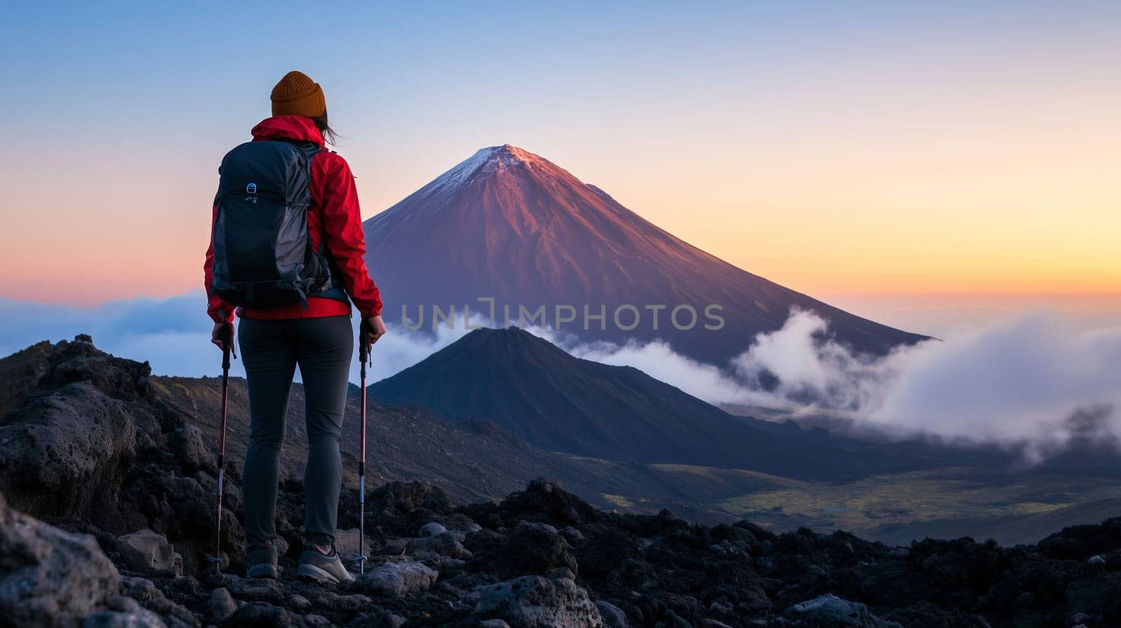 Travel, hiking, adventure, back view of traveler hiker man in red jacket stands on top of mountain looking in to the distance at snowy scenic range