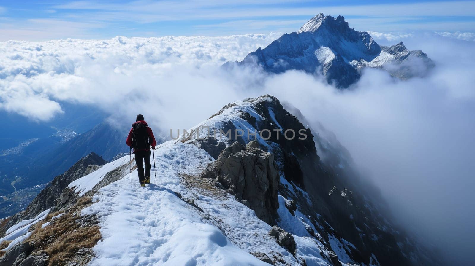 Travel, hiking, adventure, back view of traveler hiker man walking on top of snowy mountain looking in to the distance at range, winter scenic landscape