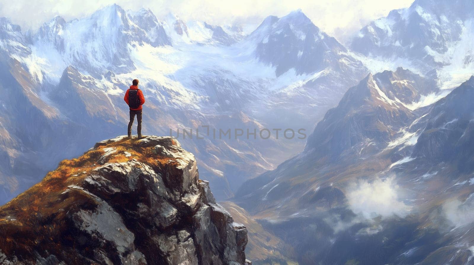 Travel, hiking, adventure, painting of traveler hiker man standing on top of snowy mountain looking in to the distance at range, winter scenic landscape