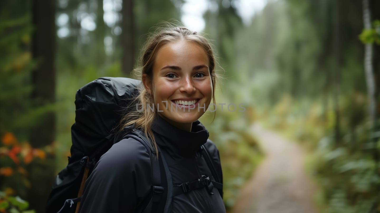 Travel, hiking, adventure, portrait of happy traveler hiker young woman with backpack stands in wild forest looking at camera