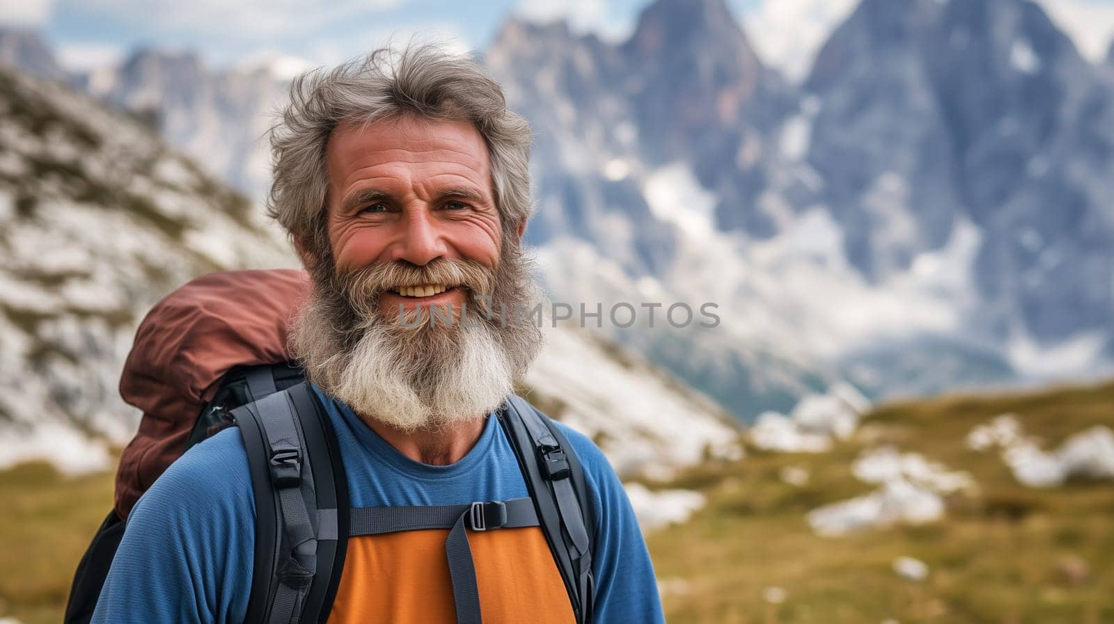 Travel, hiking, adventure, portrait of happy traveler bearded senior man hiker with backpack stands against view of snowy mountains, looking at camera