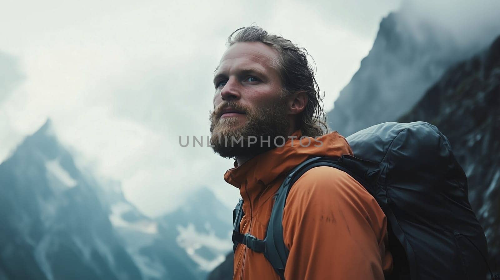 Travel, hiking, adventure, portrait of traveler hiker young man in jacket stands on top of mountain looking away