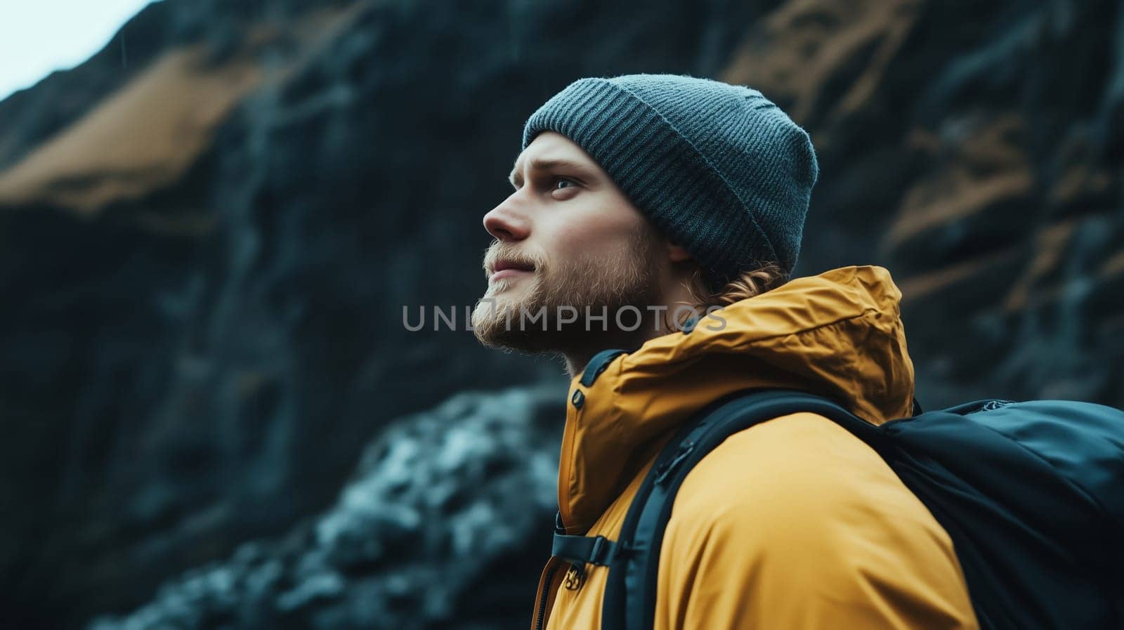 Travel, hiking, adventure, portrait of traveler hiker young man in jacket stands on top of mountain looking away