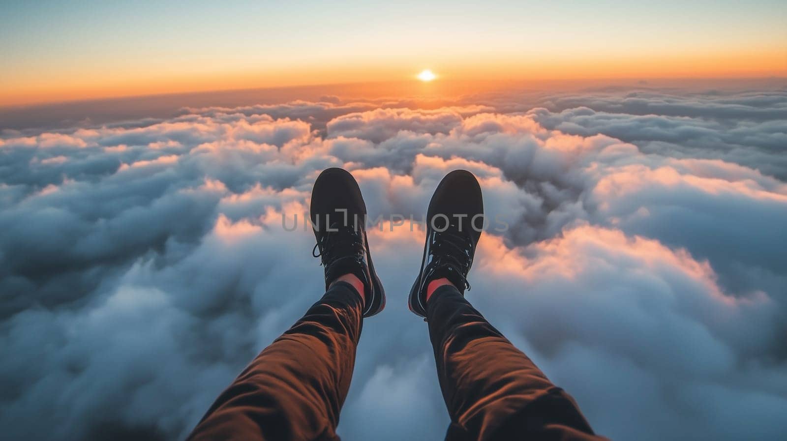 Travel, adventure amazing background, stunning view of legs, inspired man sitting on top of mountain hanging over huge soft clouds at sunset, sky, horizon, sunlight