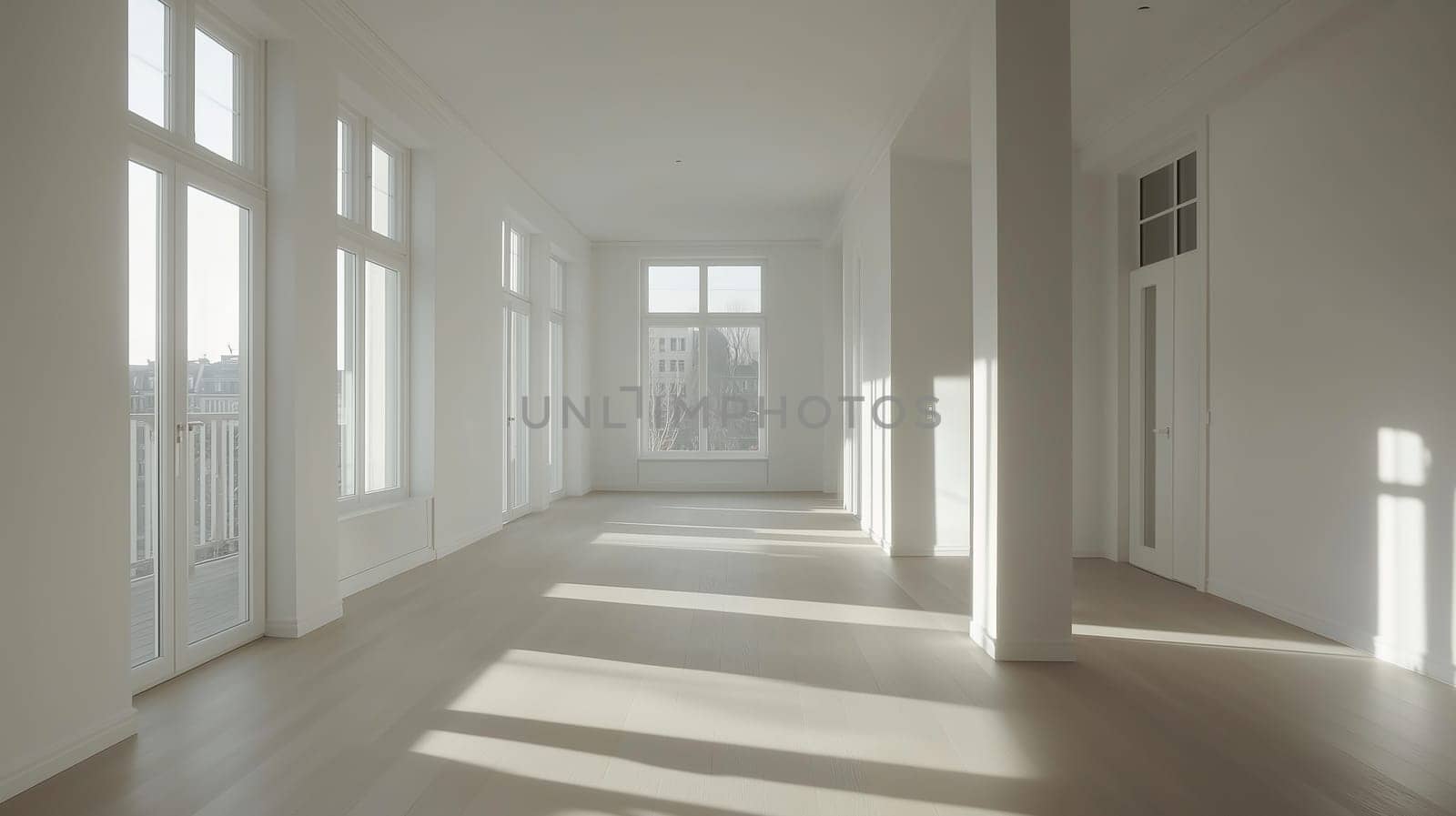 White bright new empty interior in simple minimalistic scandinavian style with sunlight in the windows, office or apartment