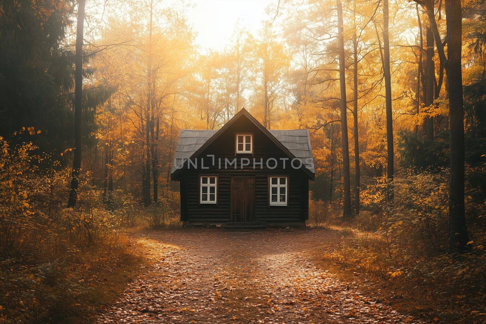 front view beautiful wooden house in a picturesque autumn forest surrounded by trees with yellow leaves, calm nature inspiration background, warm sunny day