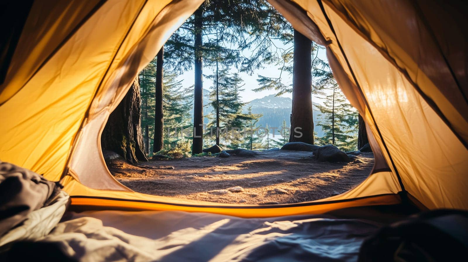 Travel, adventure, camping, relaxed view from empty tent to mountain forest with pine trees on sunny day for background