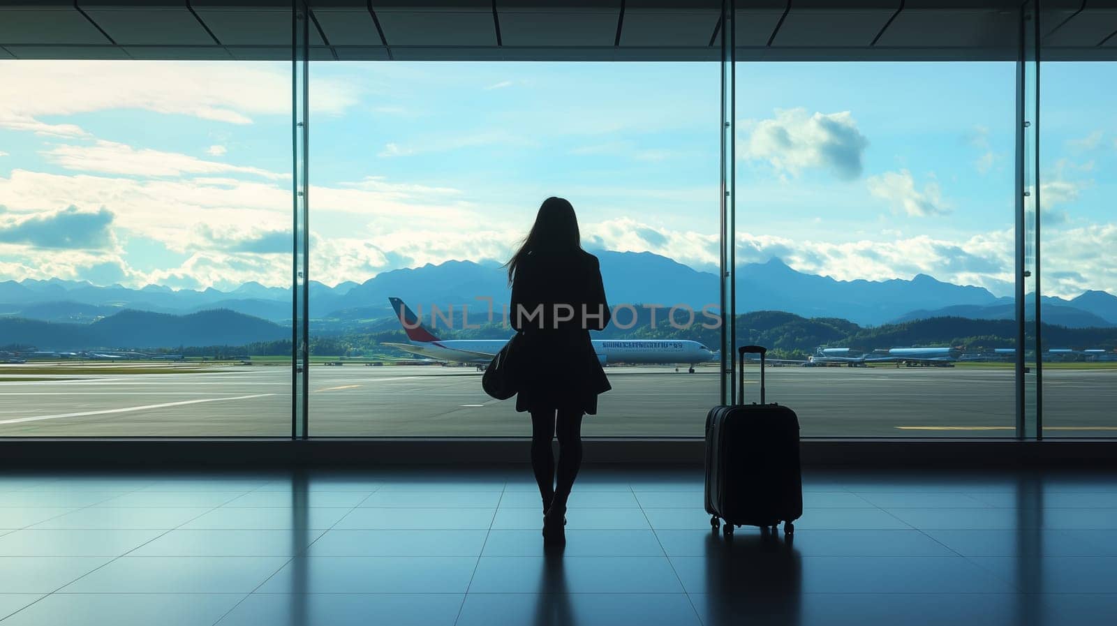 Silhouette woman traveler passenger standing at airport with luggage and looking out the window at airplane waiting at boarding gate to depart for summer vacation or business trip