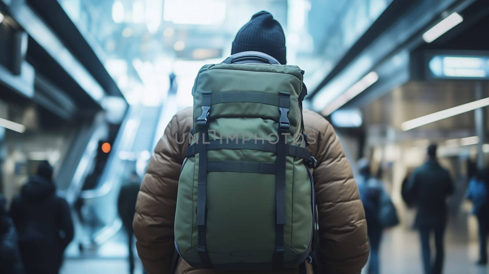 Back view of a traveler man with a backpack standing at the airport preparing for a plane flight to be sent on a big trip