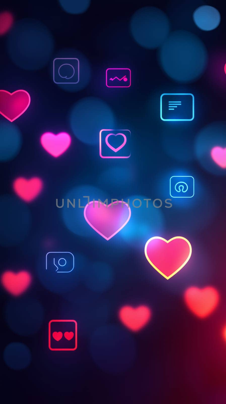 Neon hearts and social media icons float against a dark, blurred background, representing online love, connection, and engagement