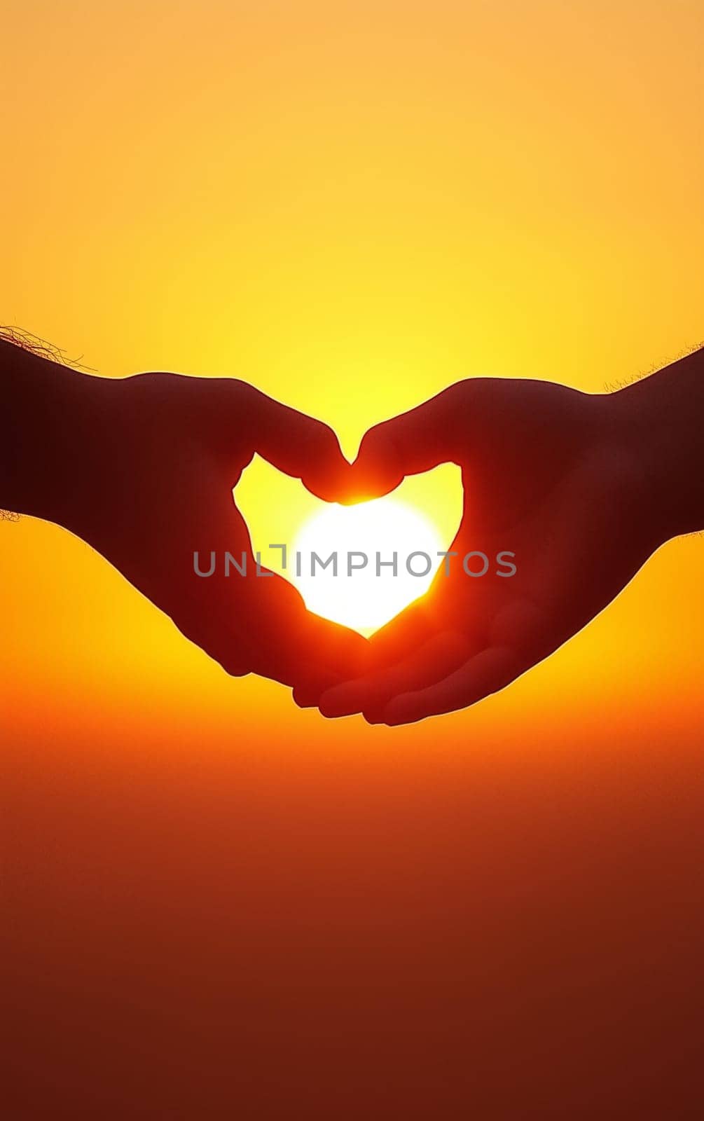Hands forming heart shape around setting sun, symbolizing love, hope, and new beginnings.