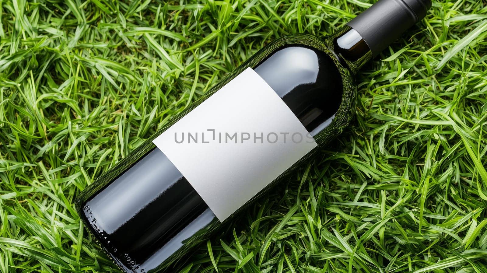 Dark wine bottle with a blank white label lies on a bed of vibrant green grass, creating a perfect setting for showcasing a brand or label design