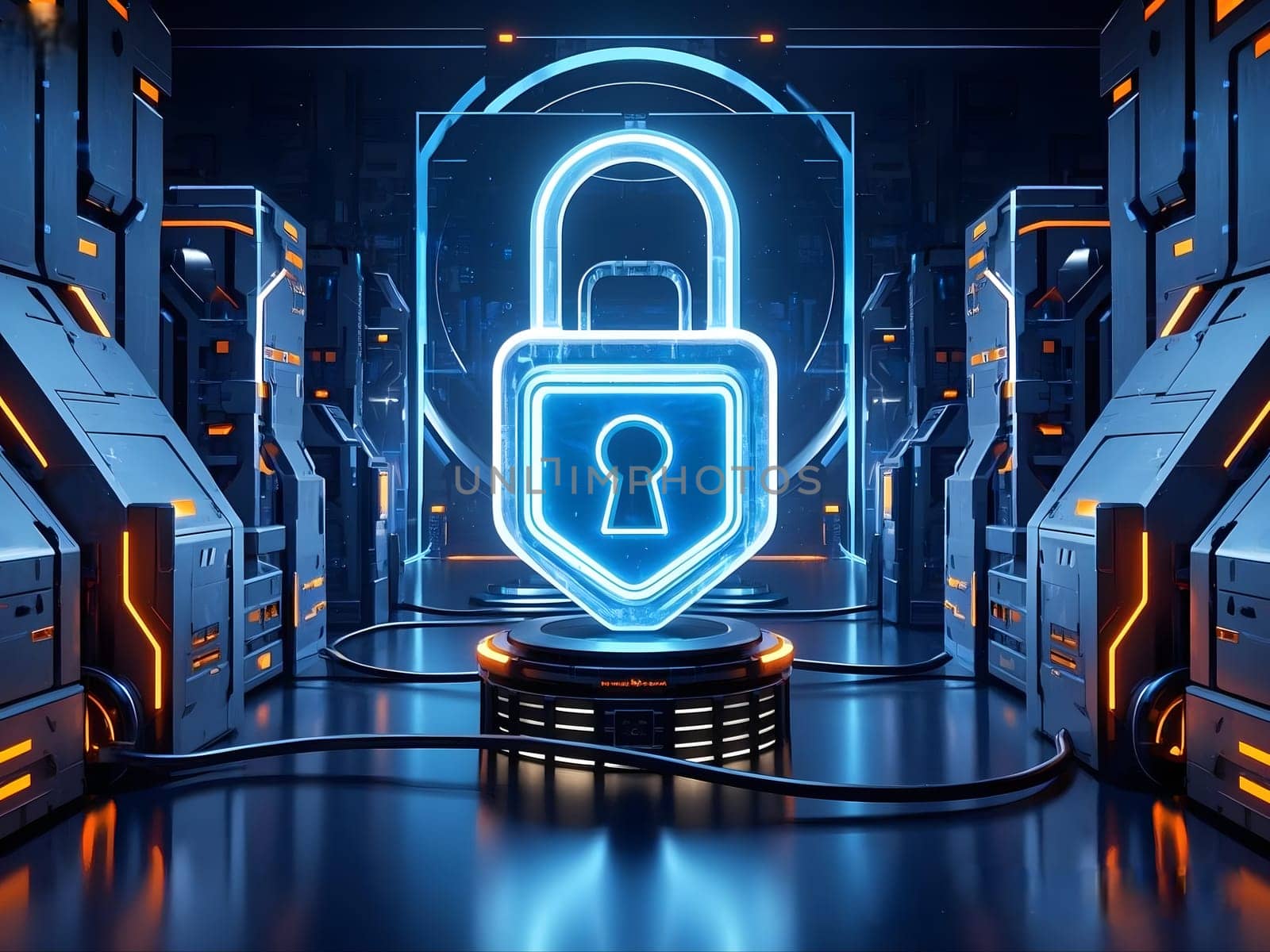 Futuristic visualization of secure technology infrastructure featuring illuminated data servers and a glowing security lock symbol in a modern data center. Cyber Security Background