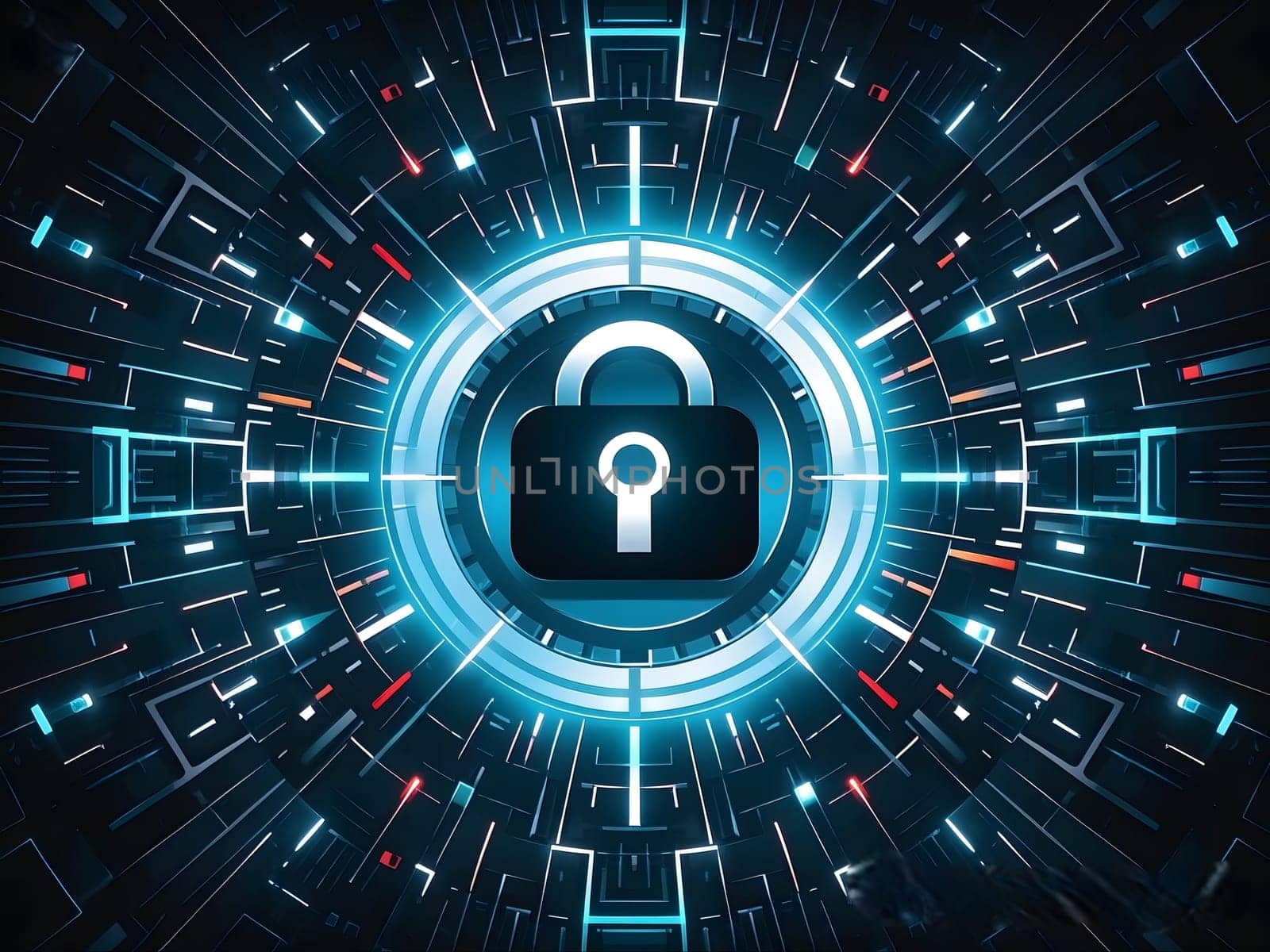 Futuristic visualization of secure technology infrastructure featuring illuminated data servers and a glowing security lock symbol in a modern data center. Cyber Security Background