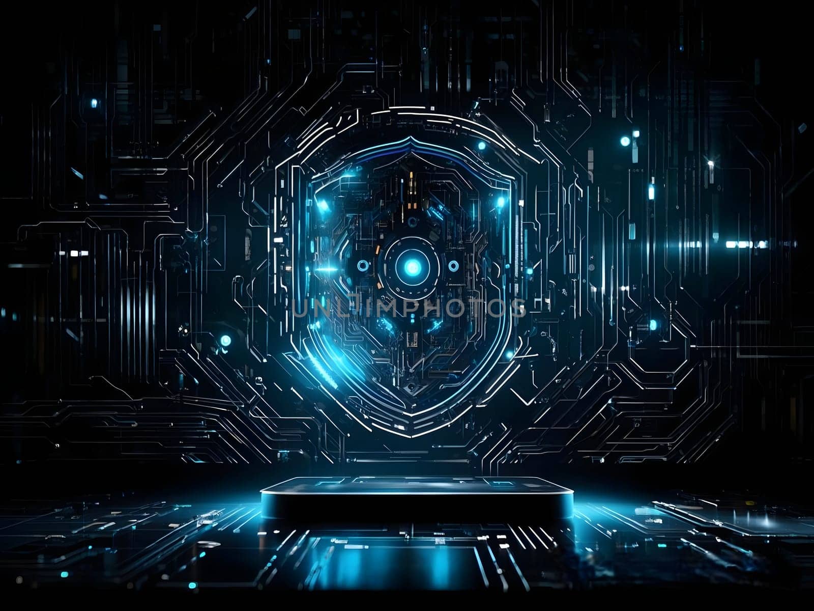 Futuristic visualization of secure technology infrastructure featuring illuminated data servers and a glowing security lock symbol in a modern data center. Cyber Security Background