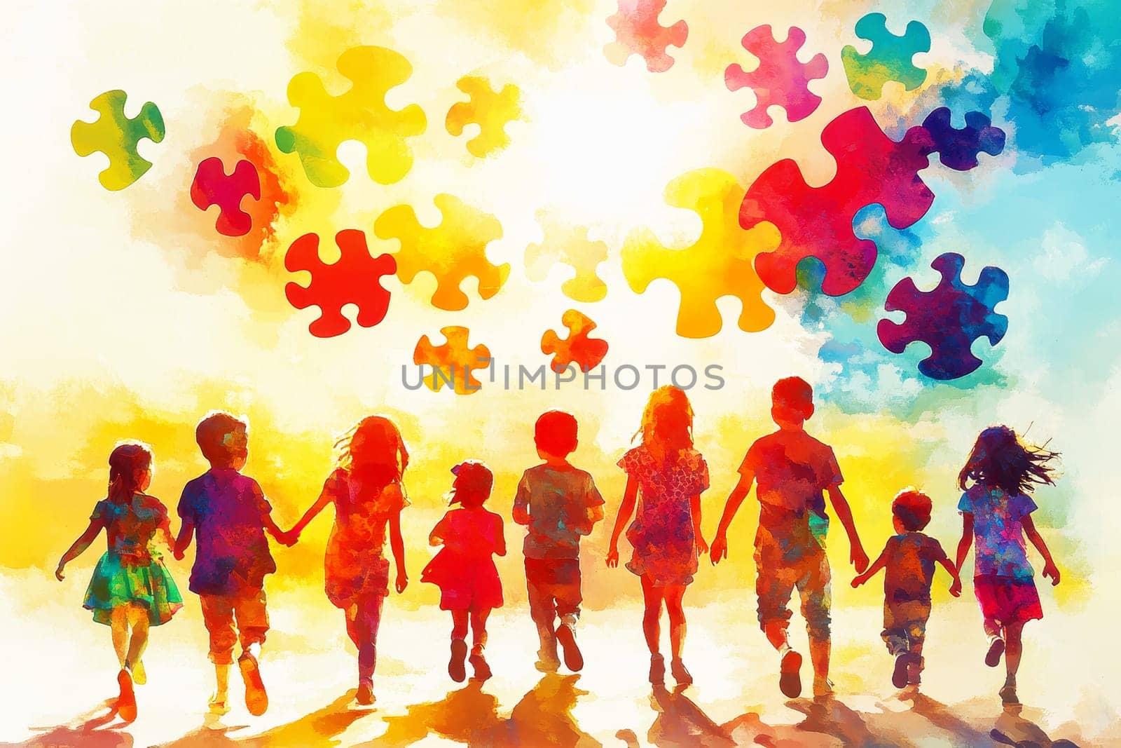 illustration of children kids with puzzle balloons. autism awareness concept..