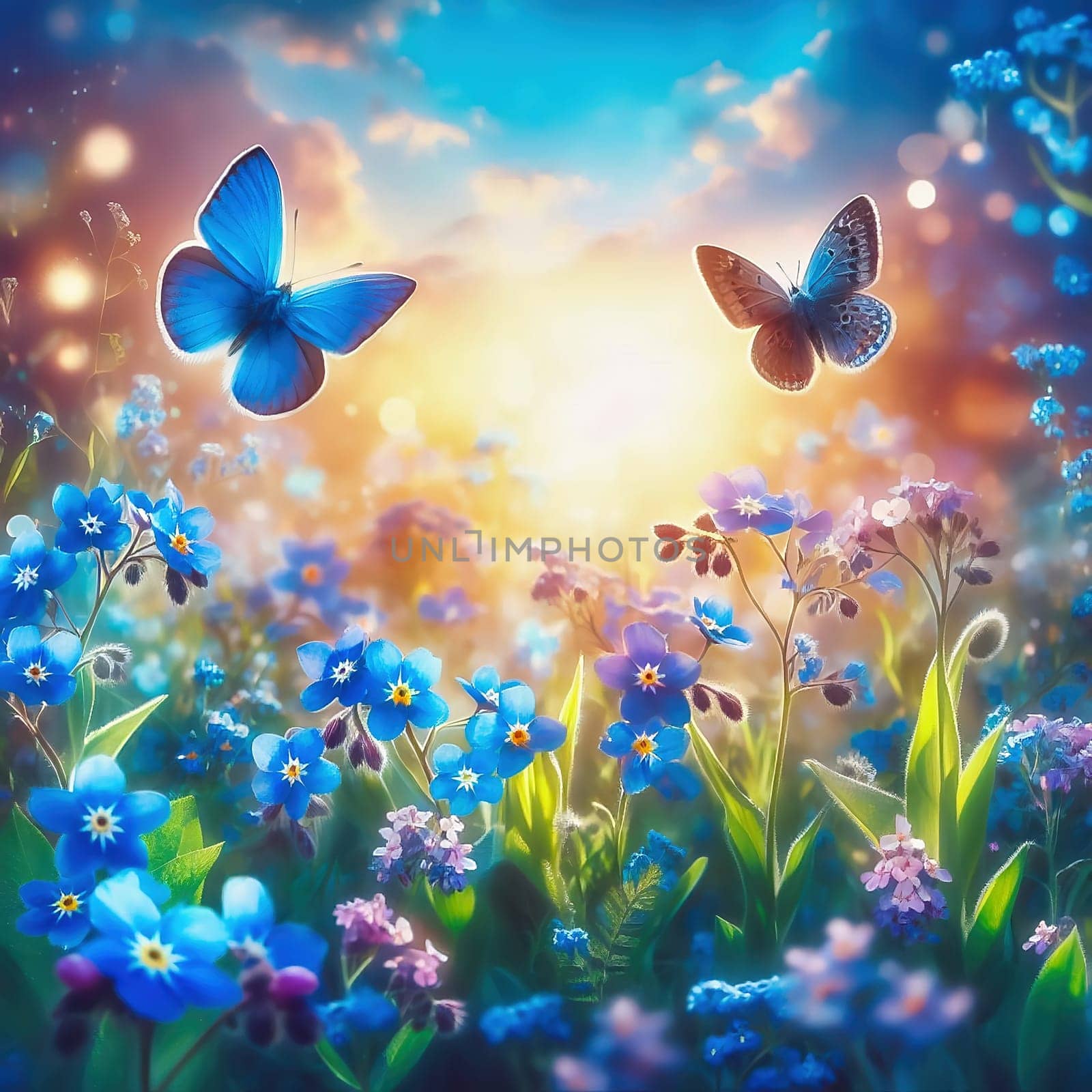 Blooming meadow with blue forget-me-not flowers and two butterflies in the sunlight. Dreamy spring or summer landscape in bright colors.