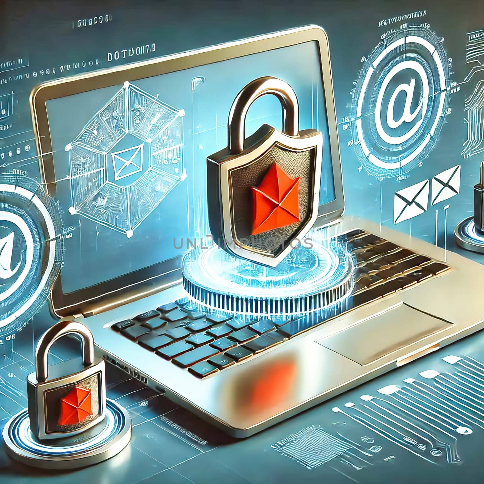 3D representation of a laptop with email security icon surrounded by digital icons. Concept for data protection, spam protection and cyber security.