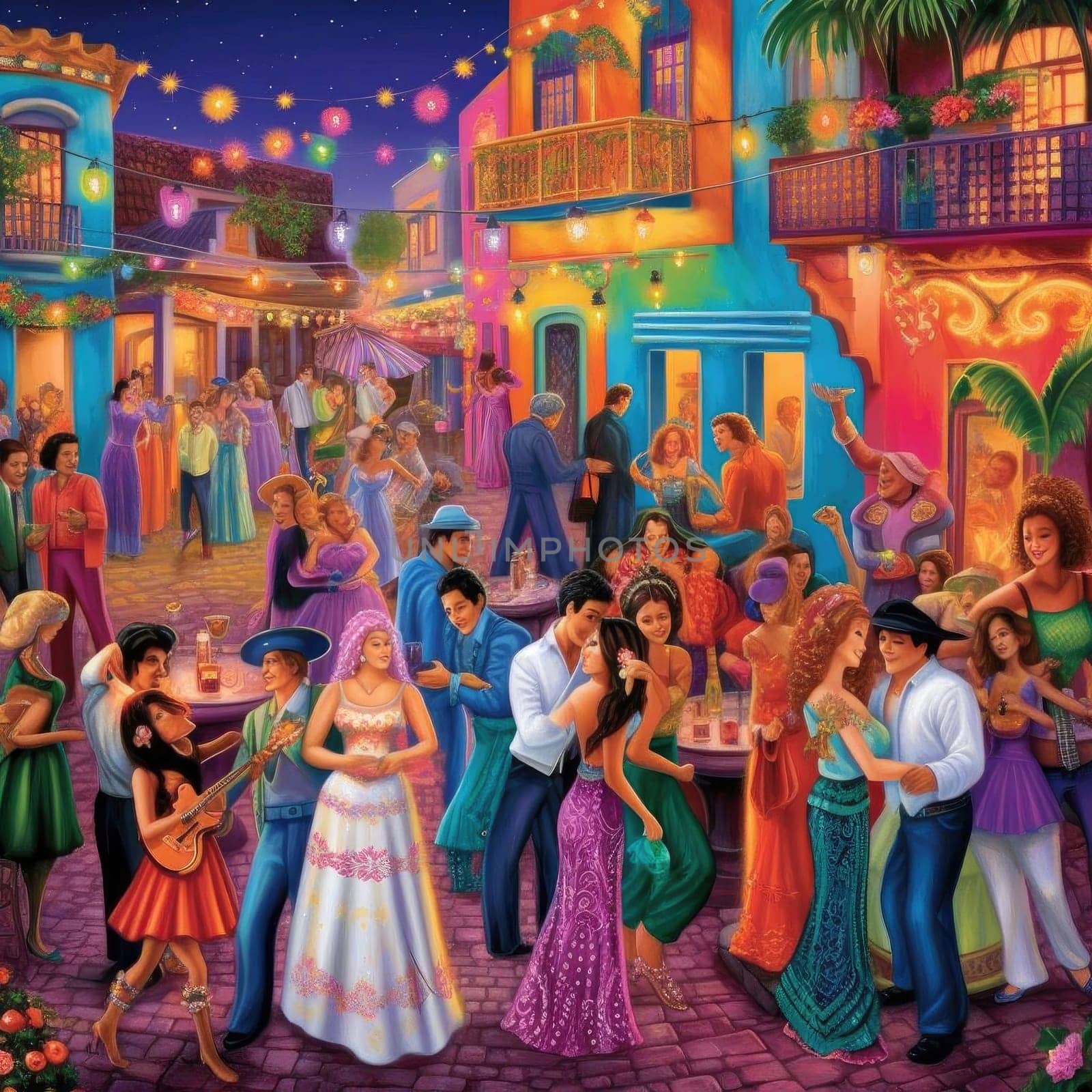 Cartoon scene with traditional Mexican people dancing and singing in the street
