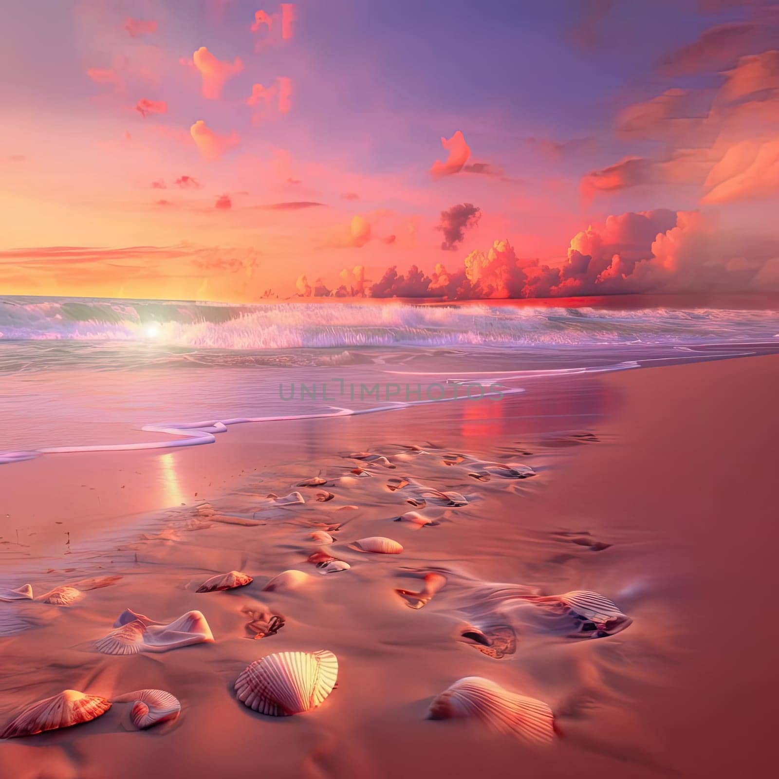 Beautiful seascape with sand and seashells at sunset