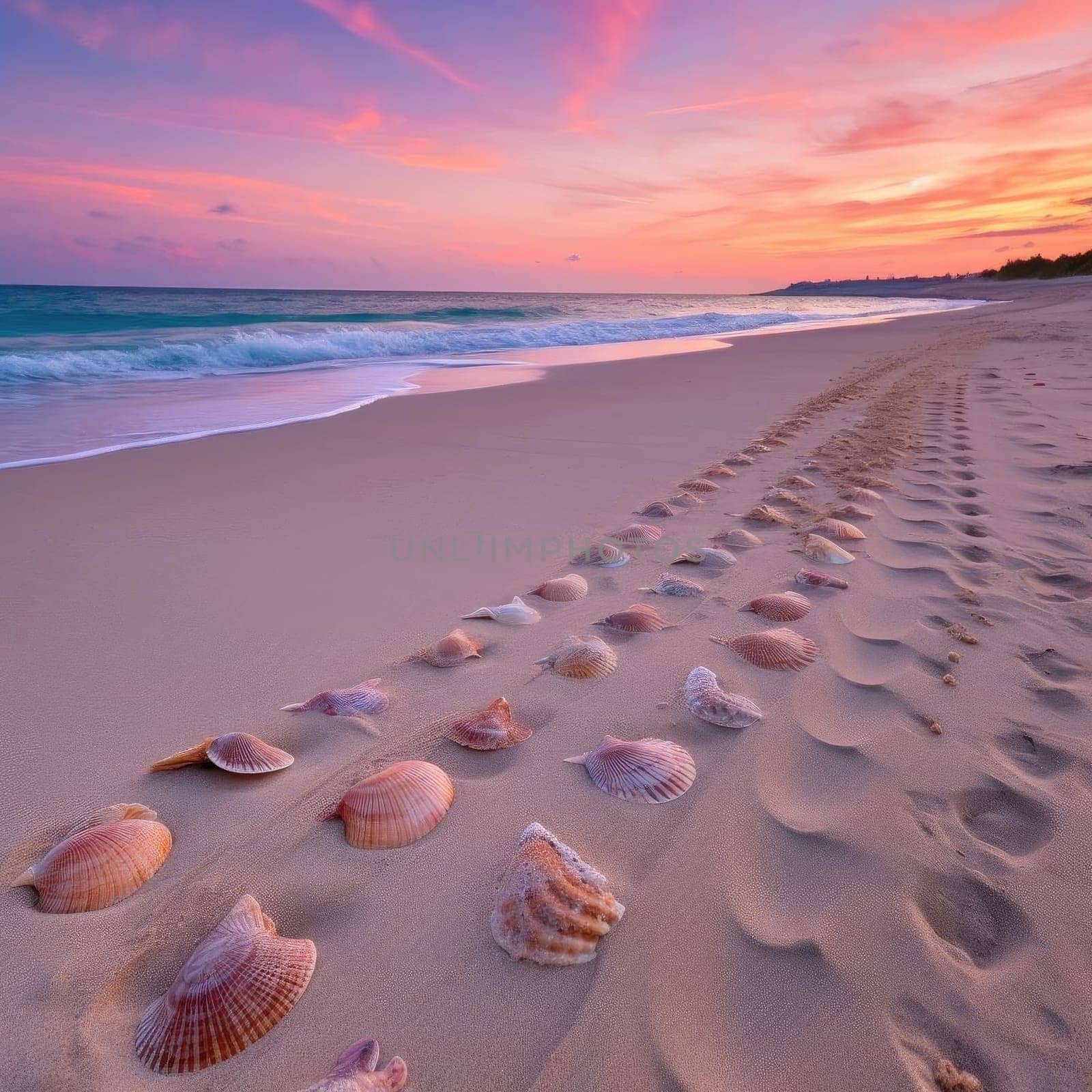 Seashells on the beach at sunset - beautiful natural background