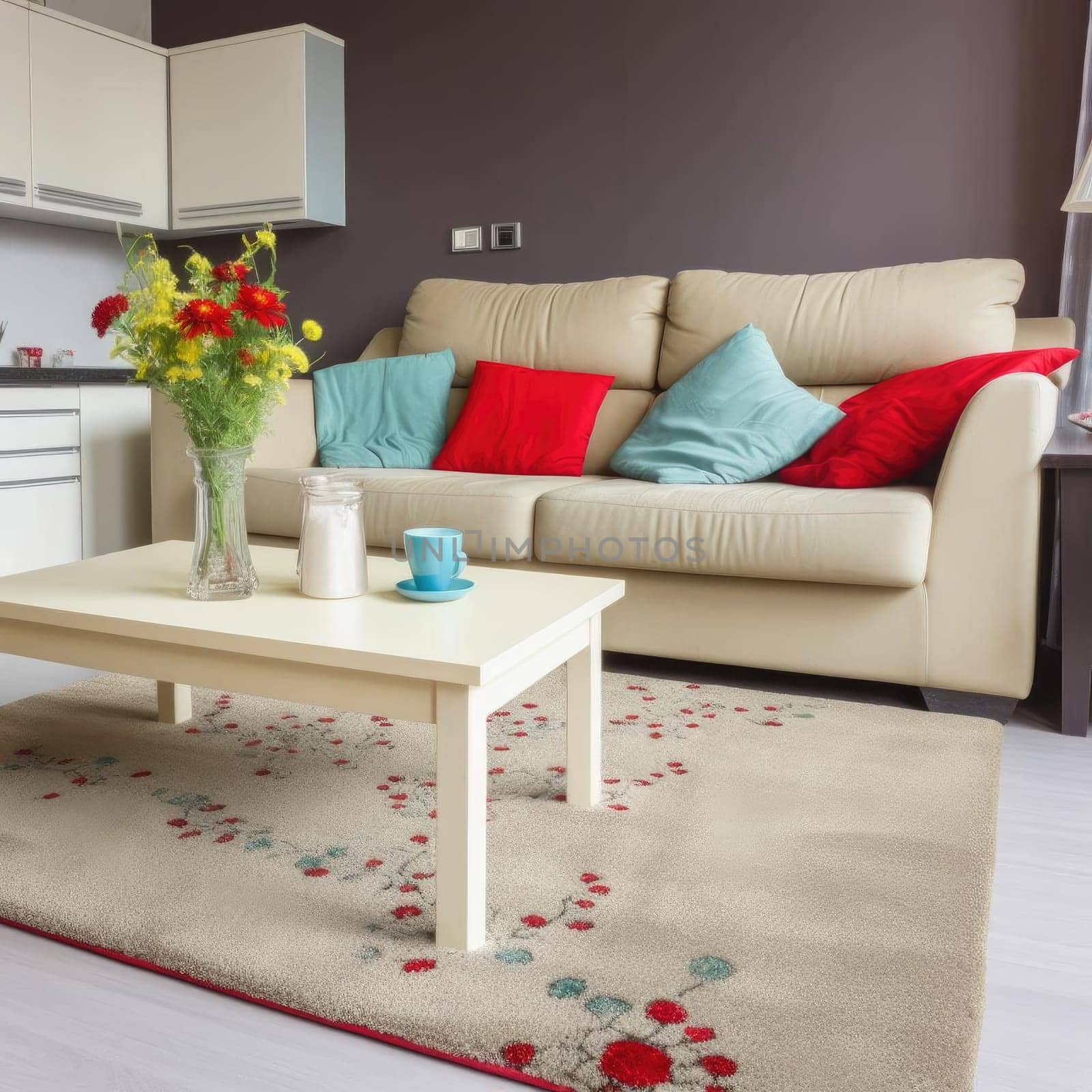 Modern living room with sofa, coffee table and flowers in vase