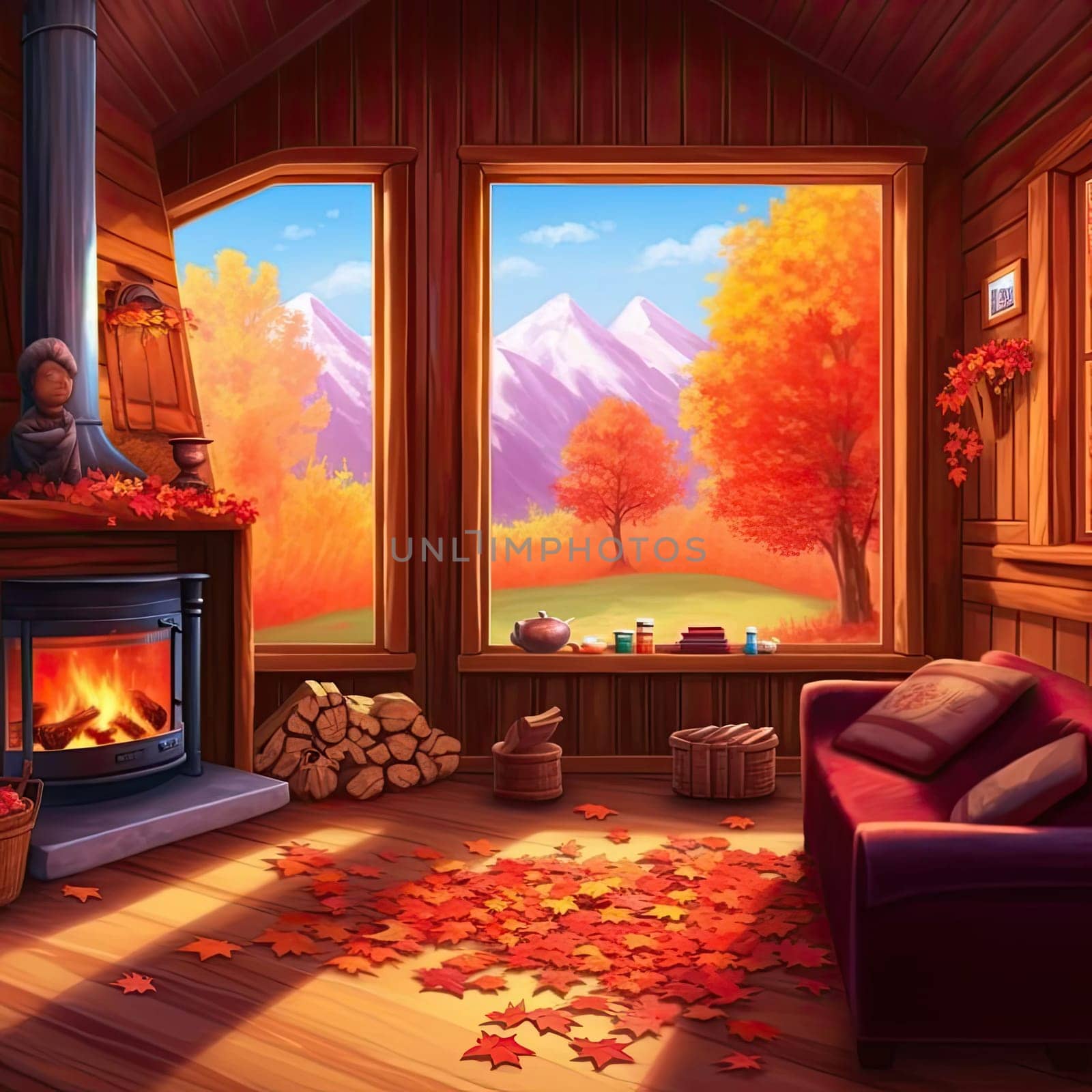 Interior of a wooden house with fireplace and autumn leaves - illustration