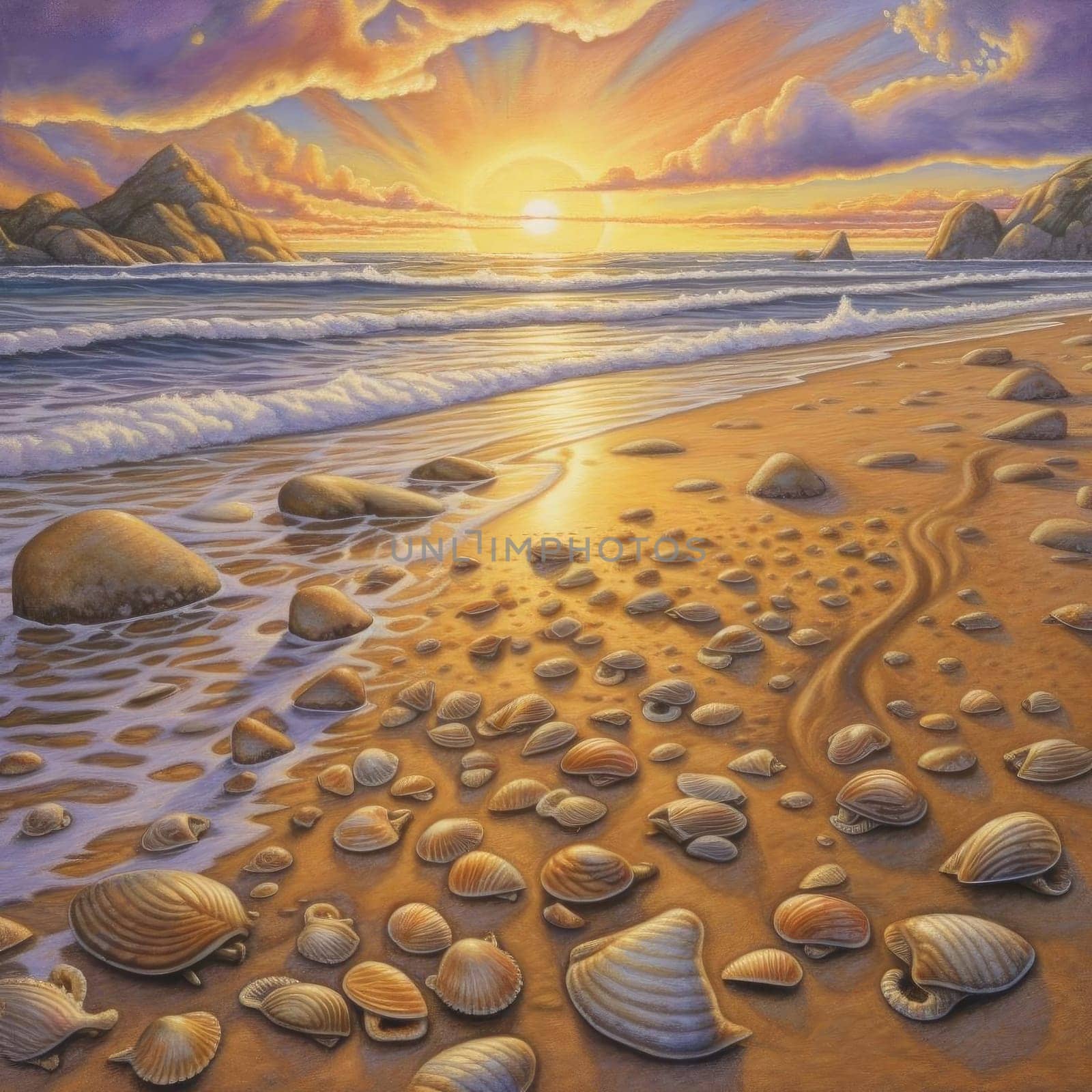 Seashells on a sandy beach at sunset - illustration