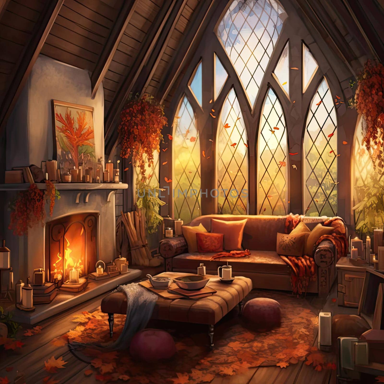 3D render of a beautiful interior of a country house in autumn
