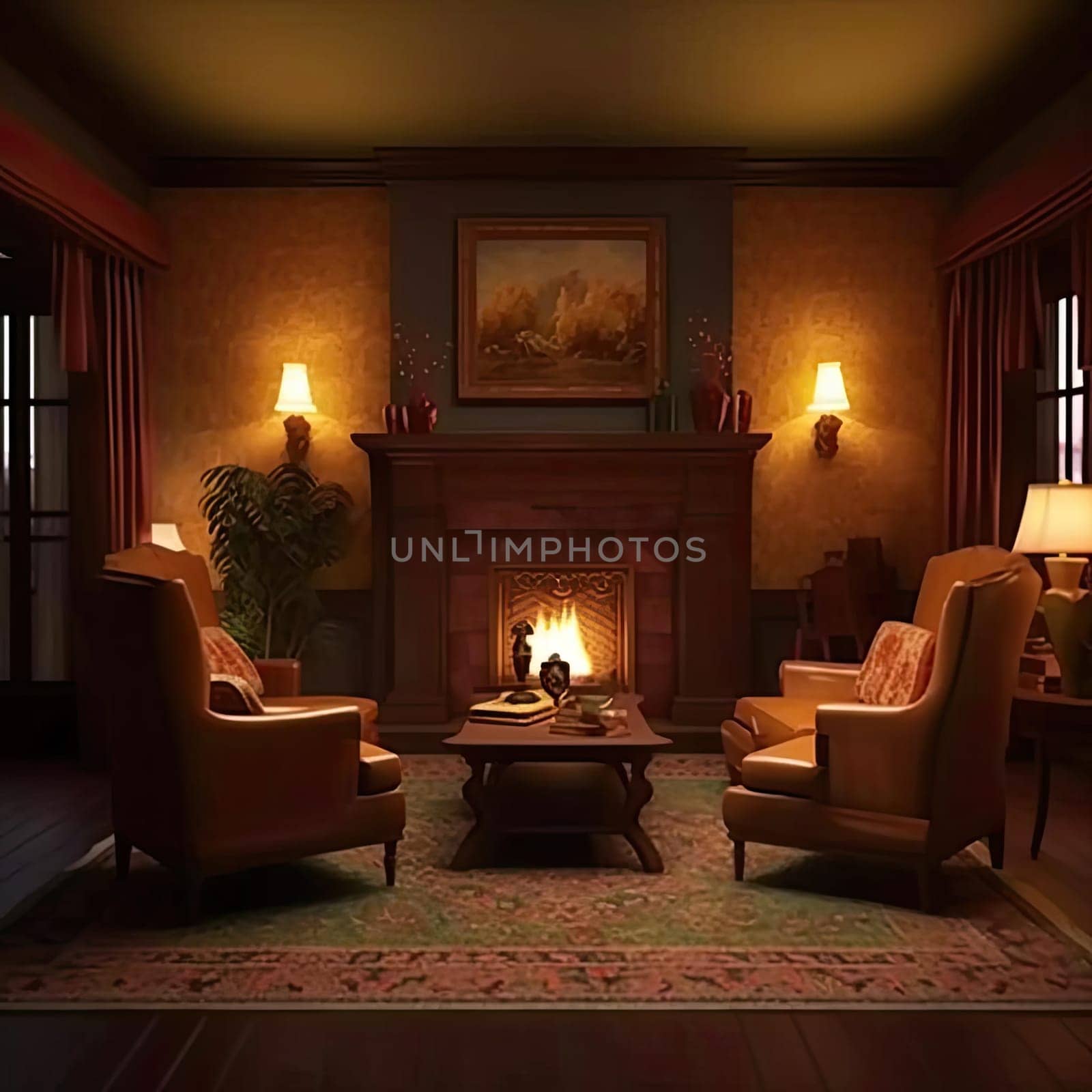 Interior of a hotel room with fireplace and armchairs, 3D render
