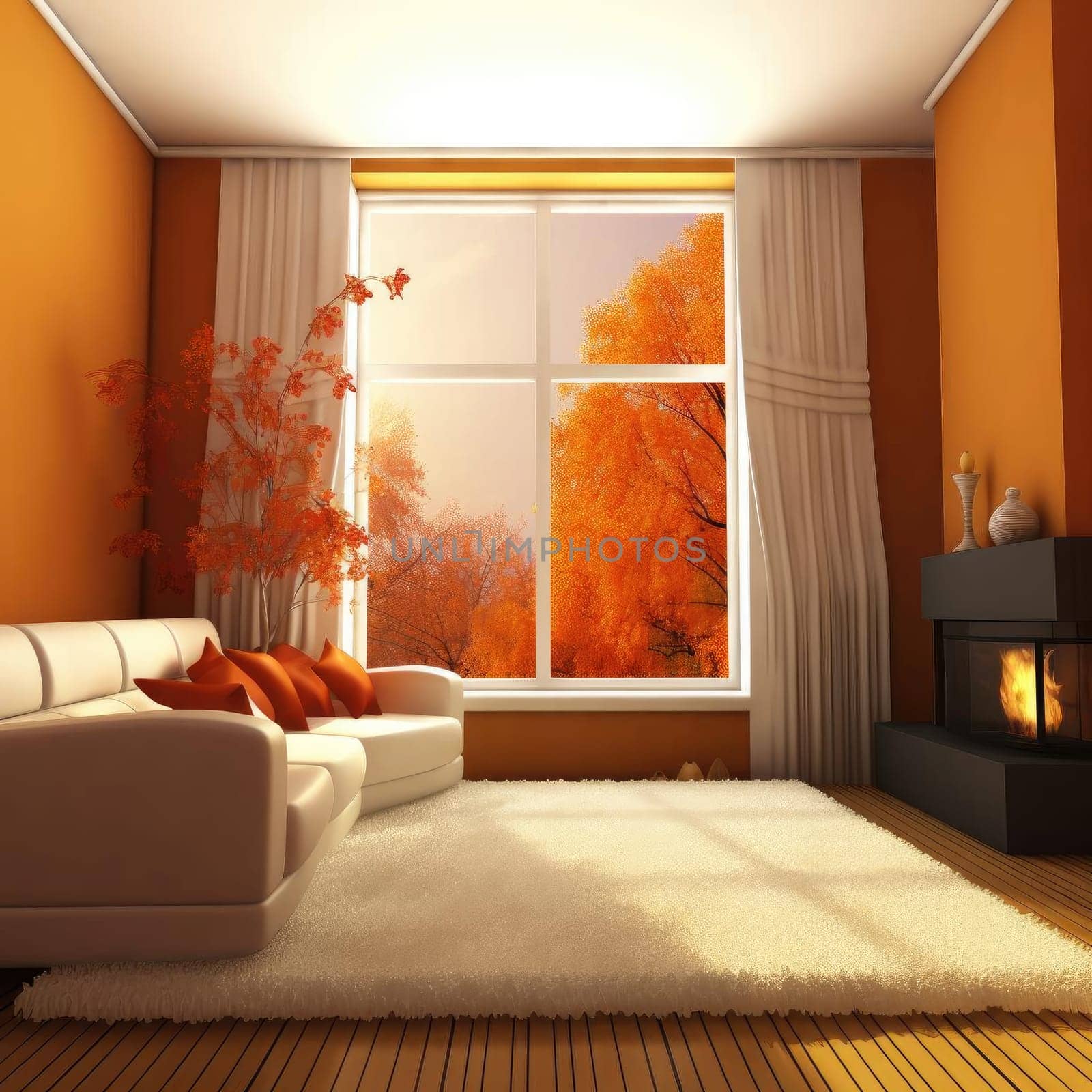 Interior with sofa and fireplace - 3D render illustration