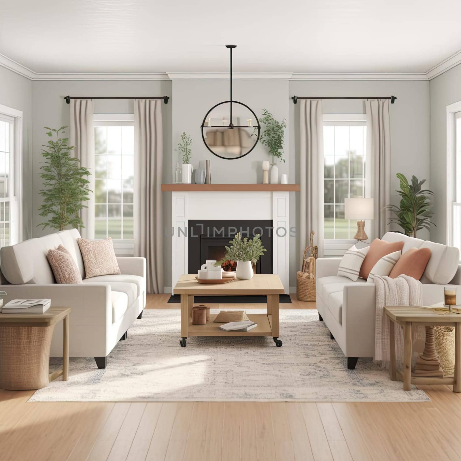 Modern living room interior design - 3D render illustration mock up